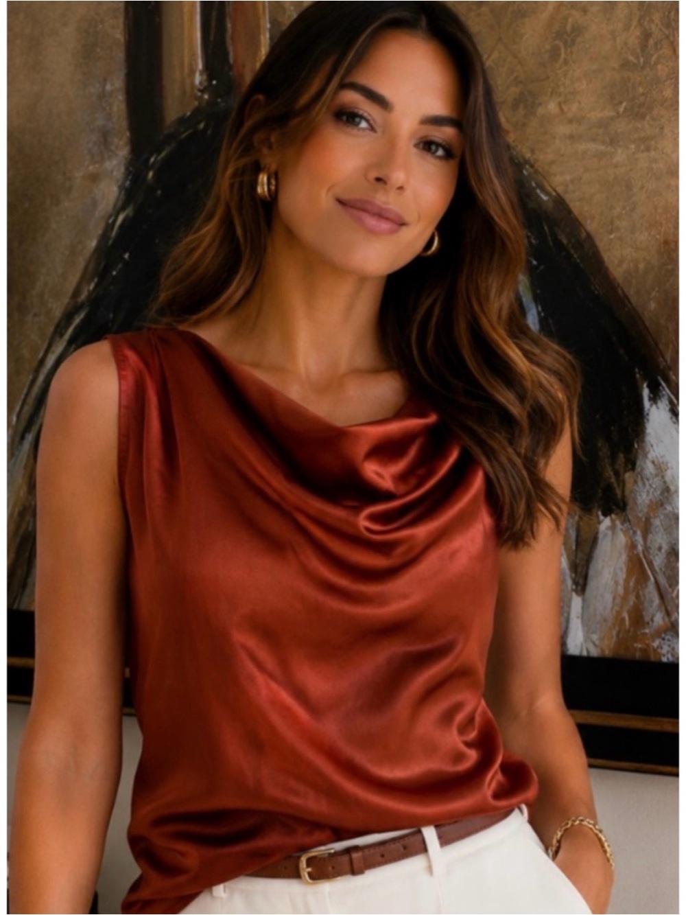 Reformation Rust Silk Cowl Neck Sleeveless Blouse Size 6